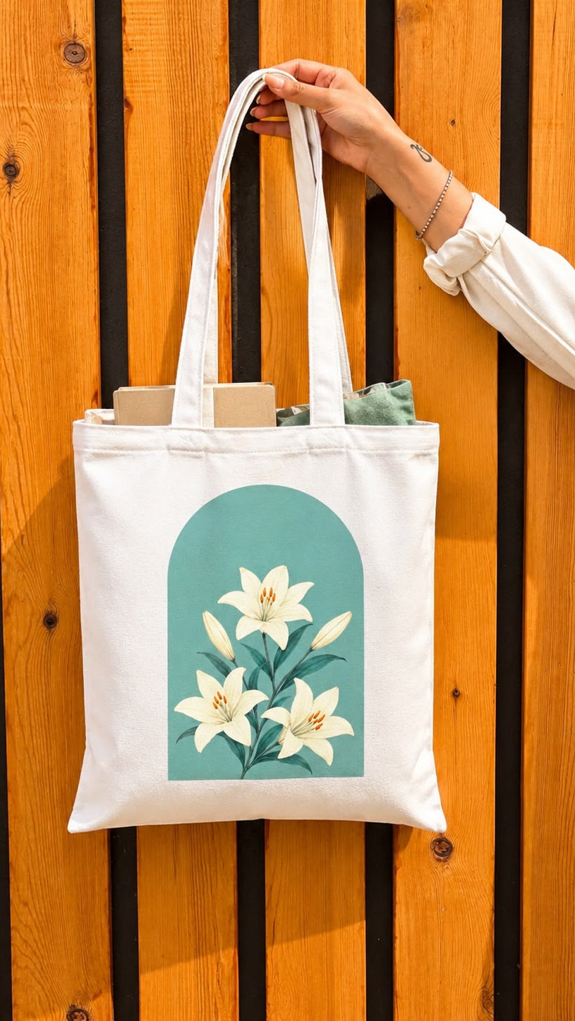 A white canvas tote bag with a teal arch and white lily floral print, held by a person's hand against a vertical wooden slat wall.