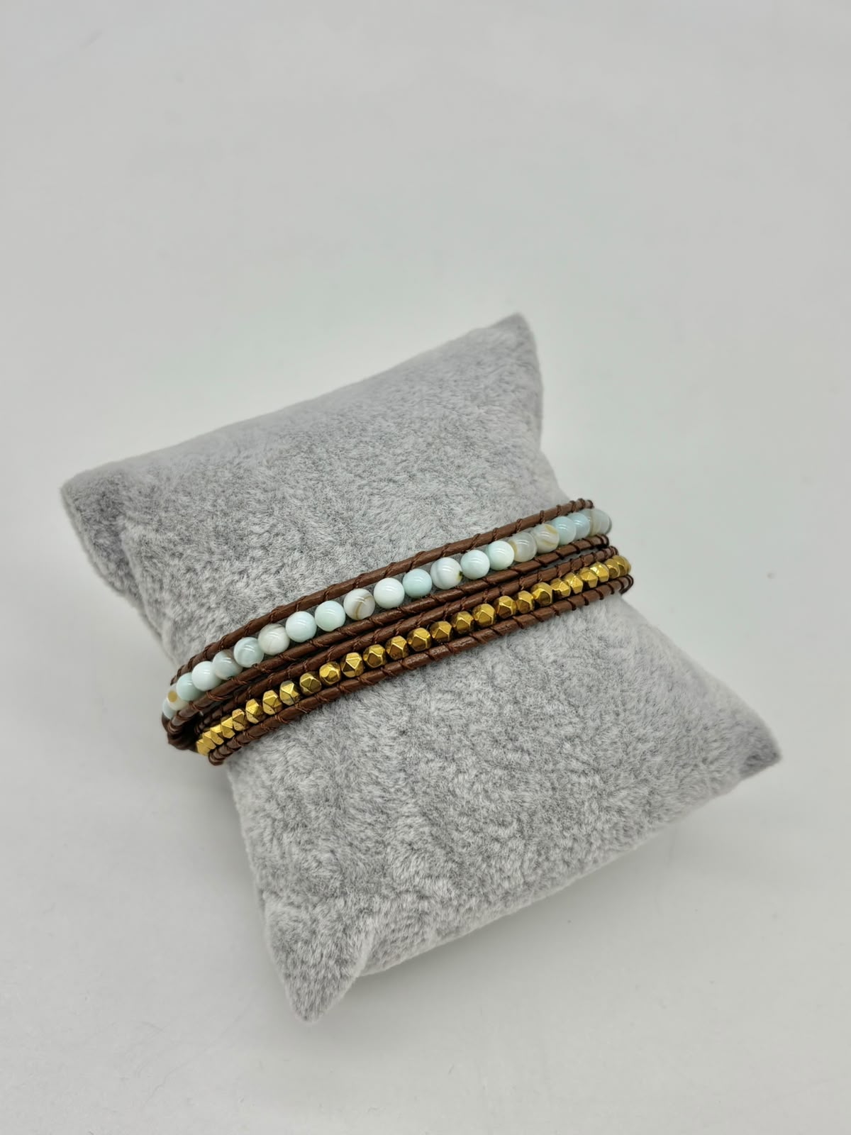 Women’s 2-Strand Leather  Wrap Bracelet with Mother  of Pearl and Hematite  Beads