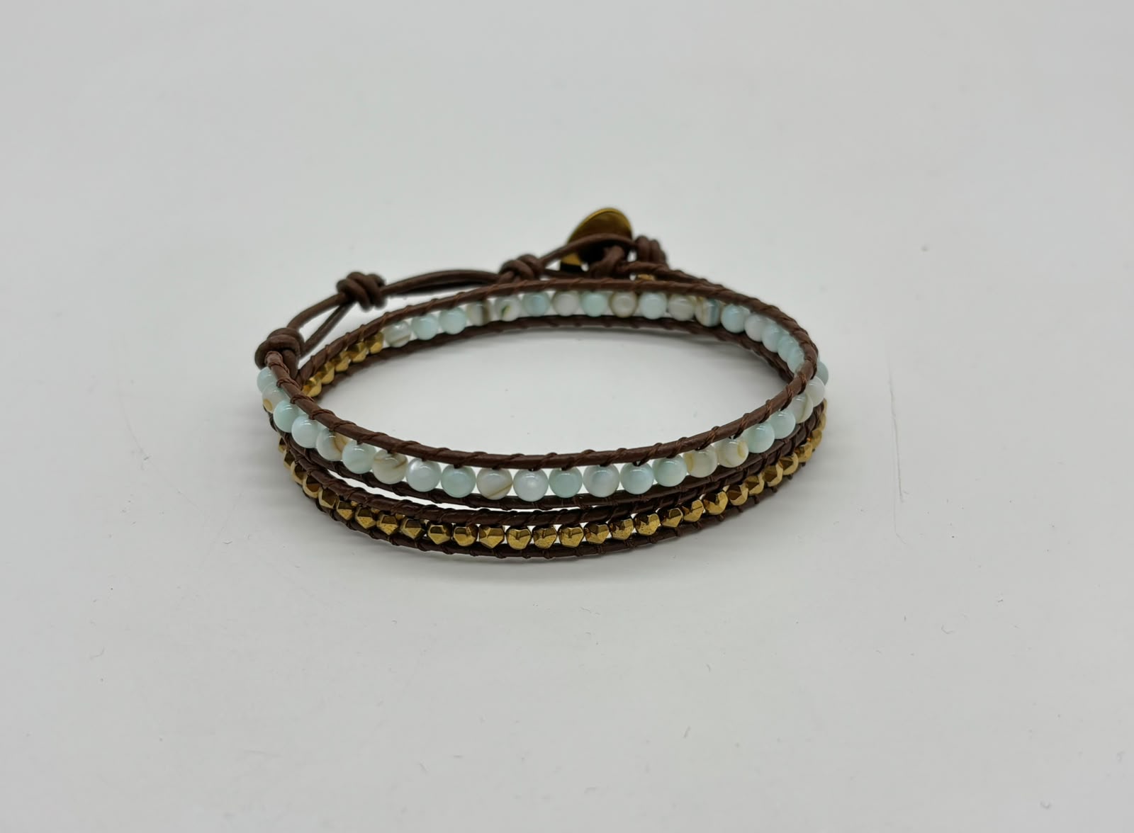 Women’s 2-Strand Leather  Wrap Bracelet with Mother  of Pearl and Hematite  Beads