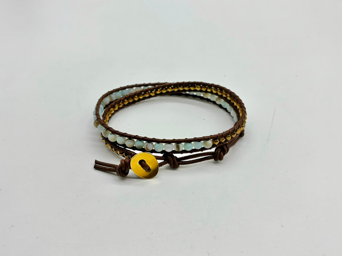 Women’s 2-Strand Leather  Wrap Bracelet with Mother  of Pearl and Hematite  Beads