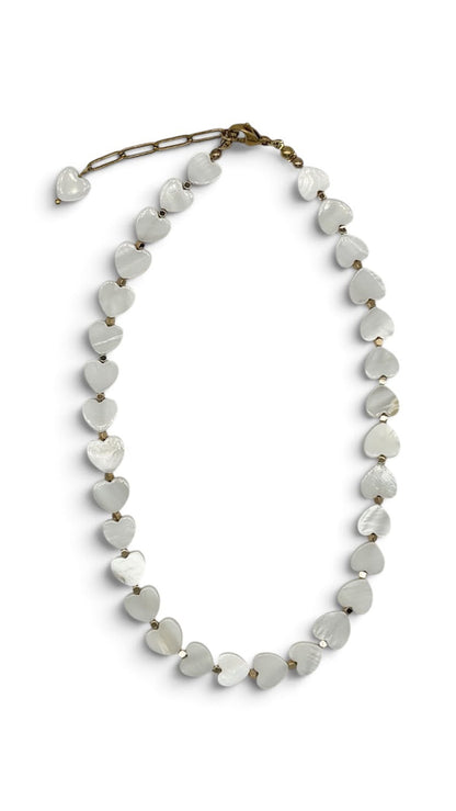 A heart-shaped shell bead necklace with an antique bronze chain clasp, displayed on a clean white background.