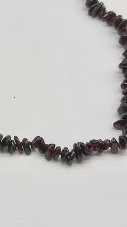 A strand of dark reddish-brown polished gemstone chips, likely garnet, arranged in a curved line on a plain white background.