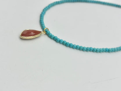 Women's Turquoise Beaded Choker with Red Jasper Pendant