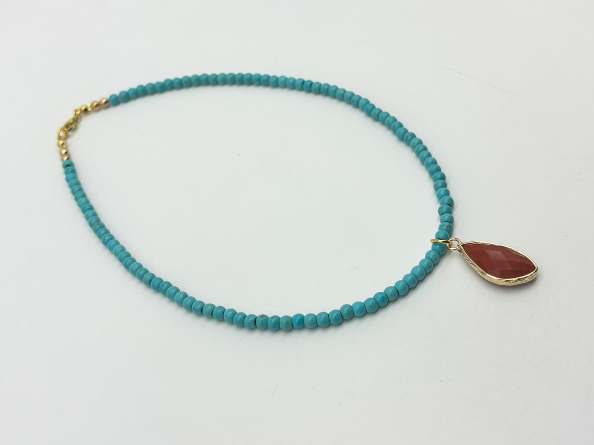 Women's Turquoise Beaded Choker with Red Jasper Pendant