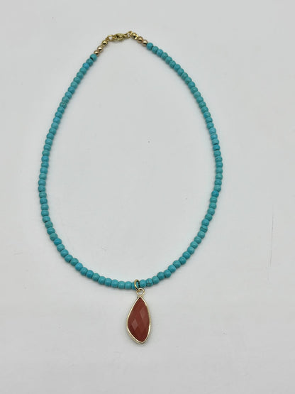 Women's Turquoise Beaded Choker with Red Jasper Pendant