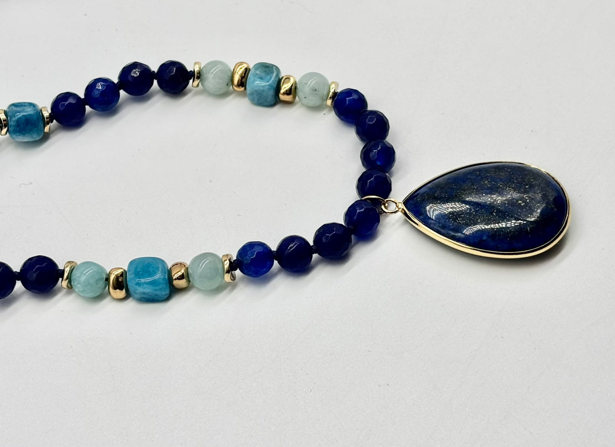 Women's Long Knotted Natural Stone Necklace with Lapis Lazuli Stone Pendant