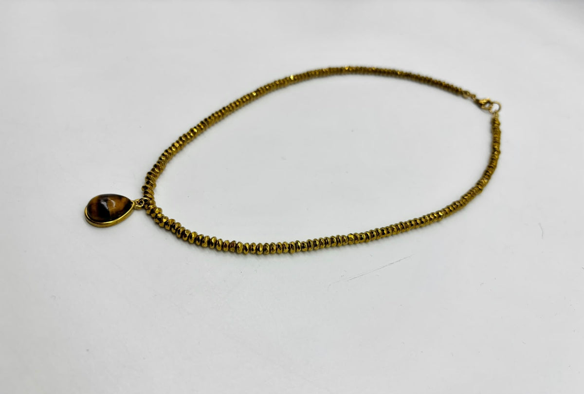 Women's Hematite Beaded Necklace with Tiger Eye Pendant