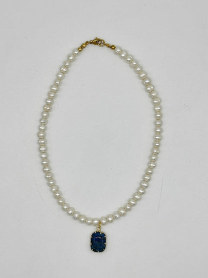 Women's Cultivated Pearl Beaded Choker with Lapis Lazuli Pendant
