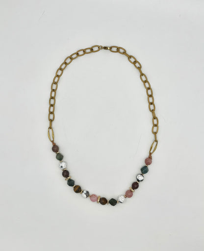 Women's Multi-Color Stone Beaded Necklace with Chunky Chain