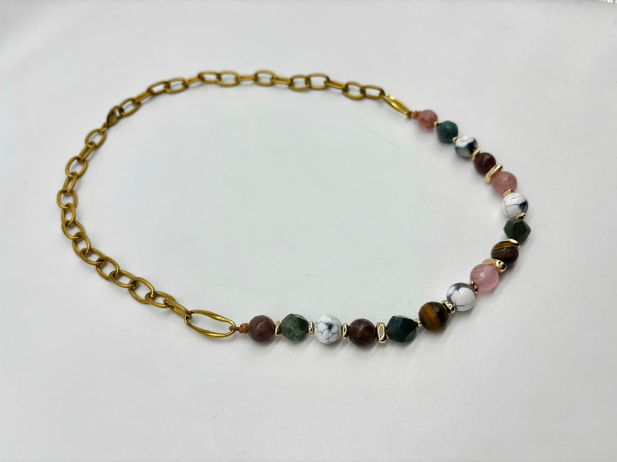 Women's Multi-Color Stone Beaded Necklace with Chunky Chain