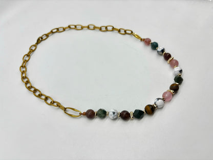 Women's Multi-Color Stone Beaded Necklace with Chunky Chain