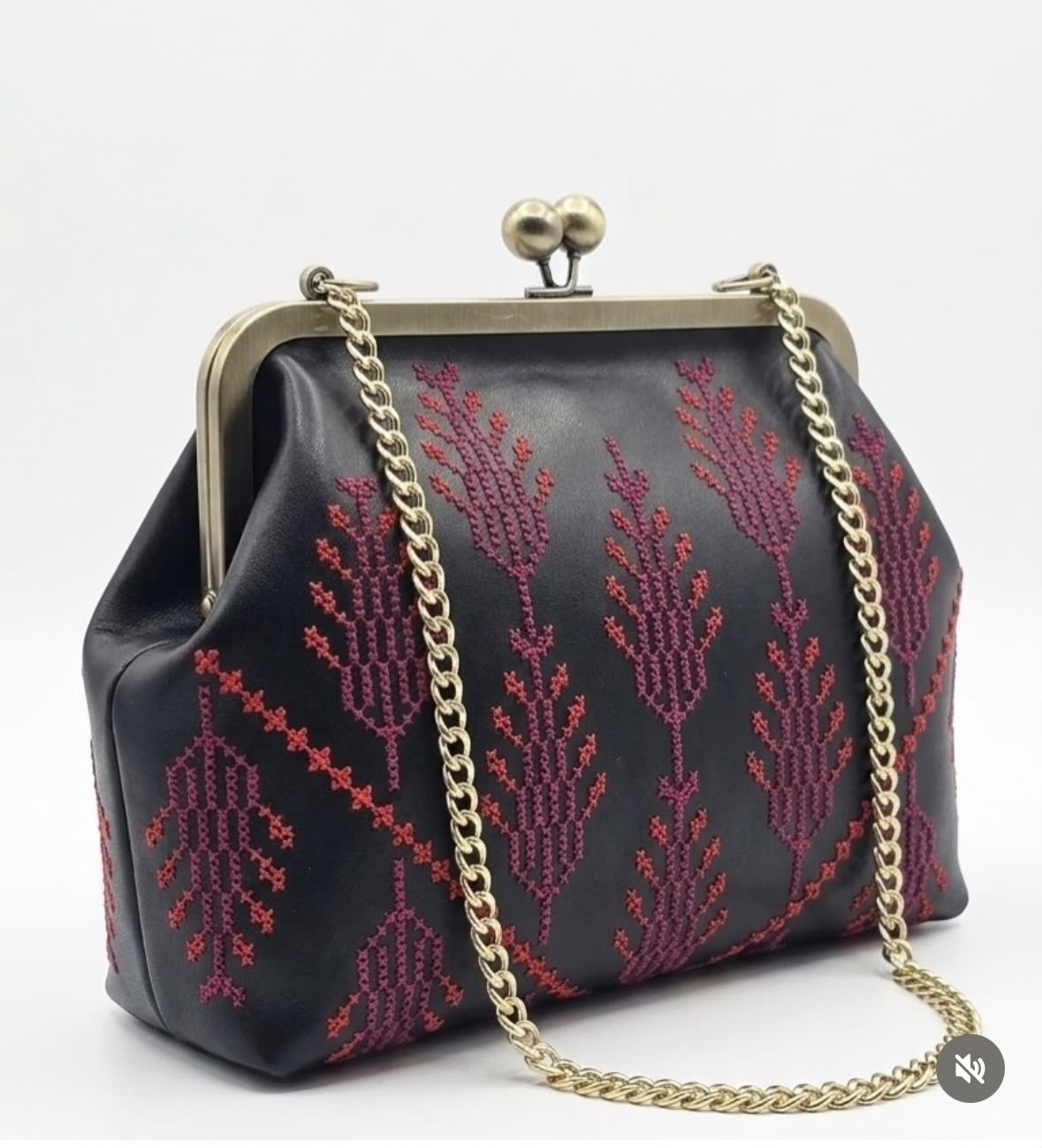 Black Kiss-Lock Bag with Burgundy Embroidery