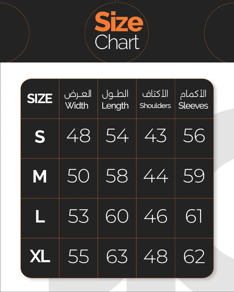 Size chart for clothing measurements on a black background