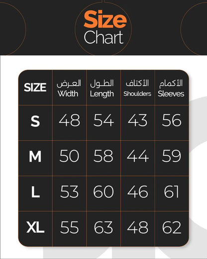 Size chart for clothing measurements on a black background