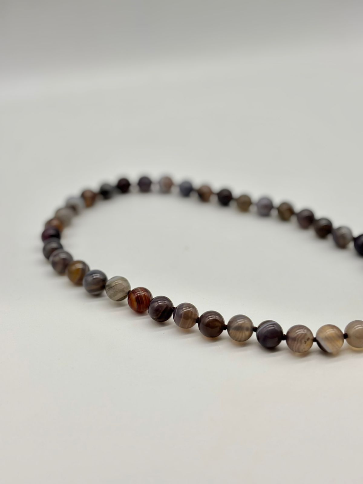 Necklace with multicolored beads on a white background