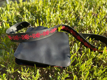 Minimalist black Leather Shoulder Bag with Embroidered Strap