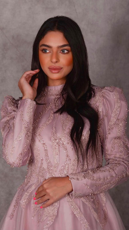 Blush Pink Beaded Ballgown with Structured Puff Sleeves