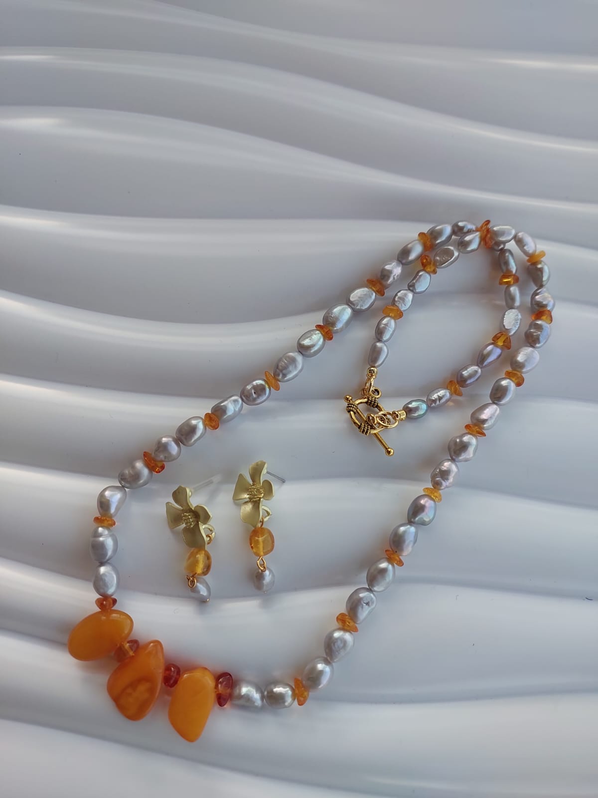 Handmade  silver & Amber Pearl Necklace and Earrings Set