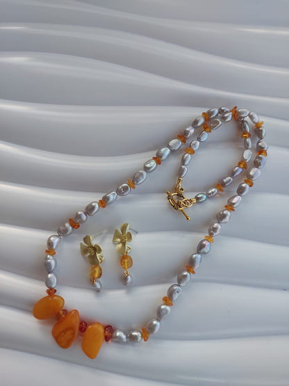 Handmade  silver & Amber Pearl Necklace and Earrings Set