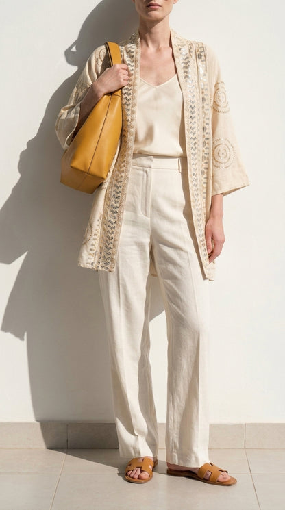 A model stands against a white wall wearing a cream linen-blend outfit consisting of a camisole, wide-leg trousers, and a matching embroidered open-front cardigan. She is carrying a mustard yellow shoulder bag and wearing tan slide sandals.