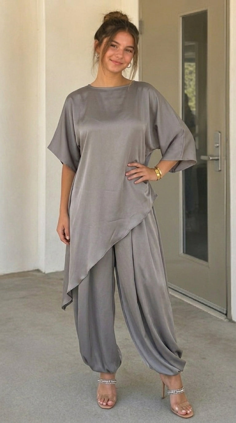 Asymmetrical Satin Tunic & Matching Pants Set