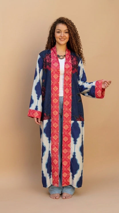 Long Boho Kimono - Blue & Red