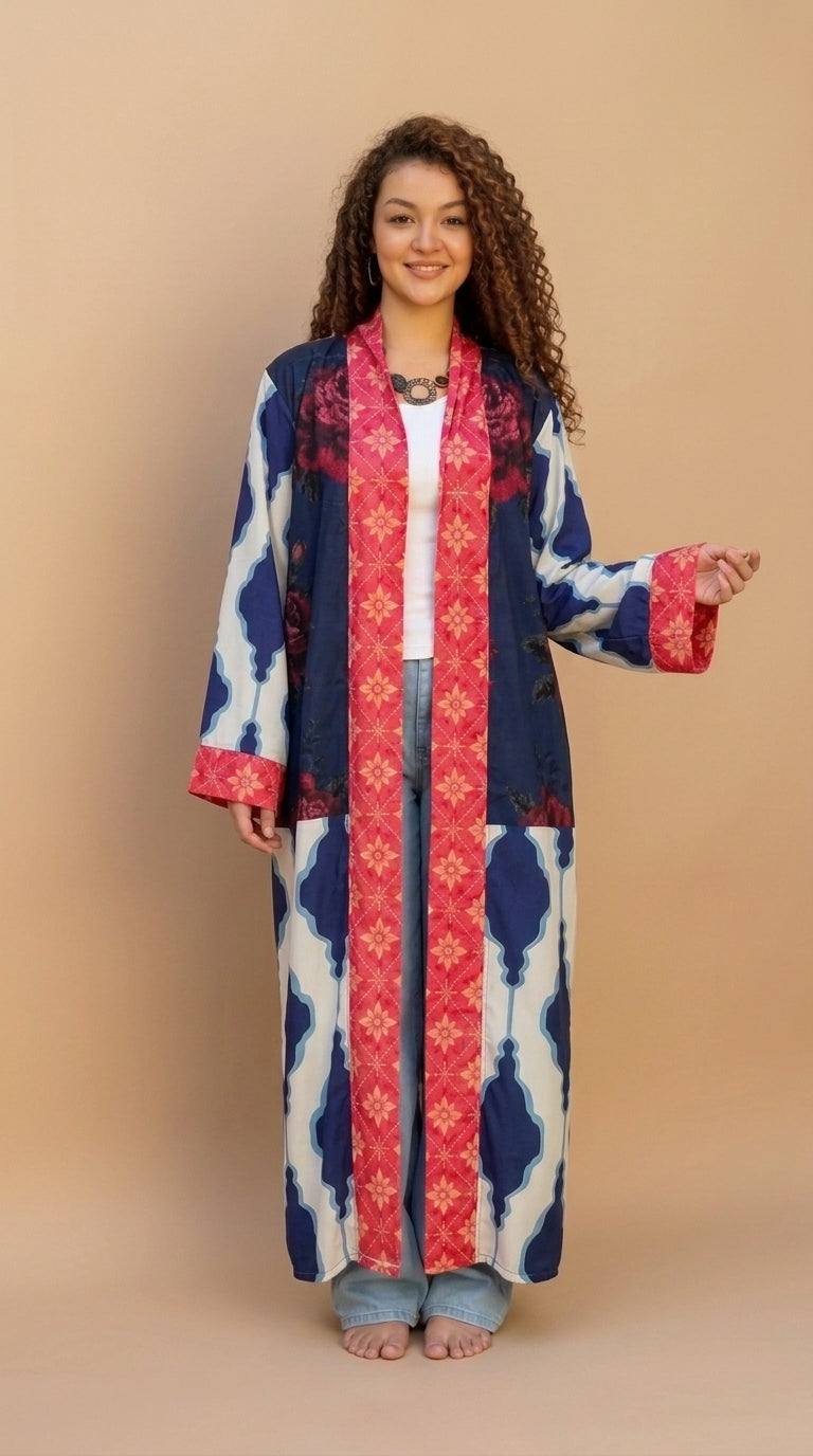 Long Boho Kimono - Blue & Red