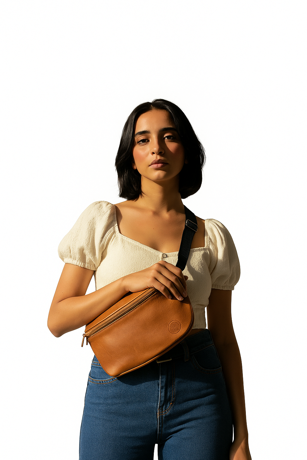 Woman holding a brown leather bag against a white background