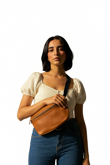 Woman holding a brown leather bag against a white background