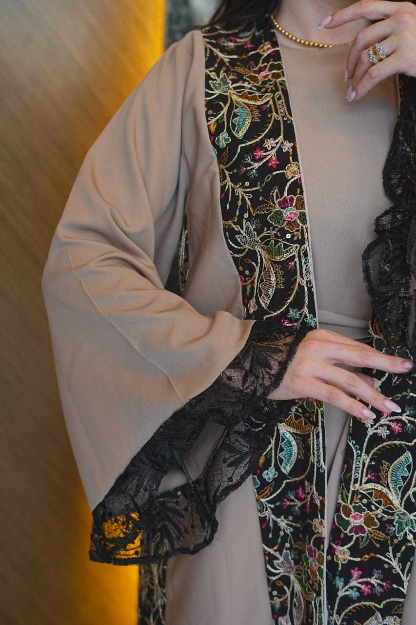 Taupe Embroidered Open Abaya