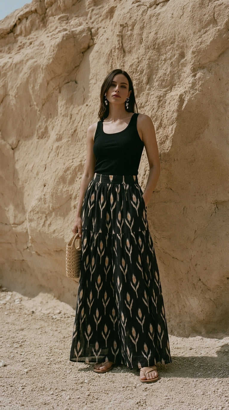 Black Maxi Skirt with Abstract Print