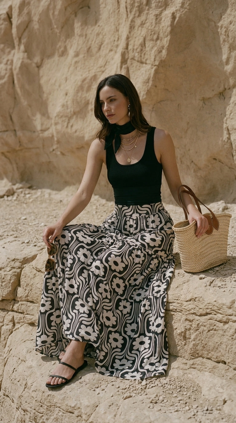Black & White Floral Maxi Skirt – Double Crepe Fabric
