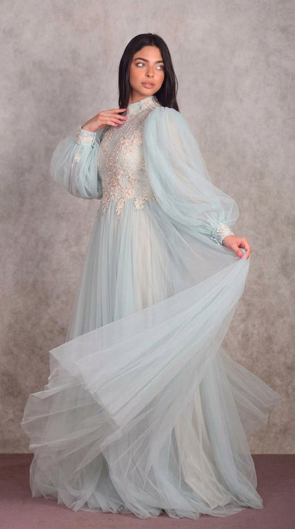 Powder Blue Tulle Gown with Ivory Lace Appliqué and Dramatic Bell Sleeves