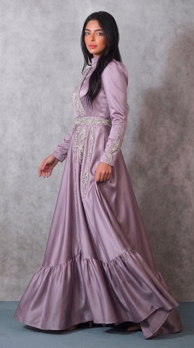 Mauve Satin A-Line Gown with Silver Beaded Cascade and Ruffled Hem