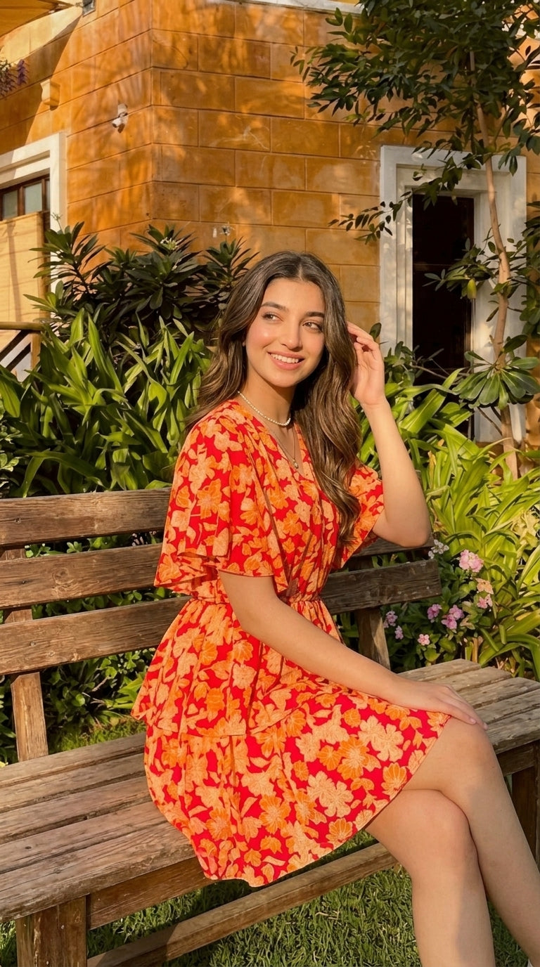Floral V-Neck Flutter-Sleeve Mini Dress