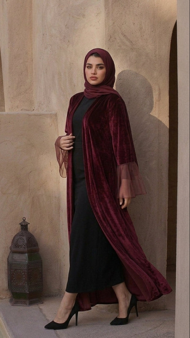 Burgundy Velvet Open Abaya with Chiffon Bell Sleeves