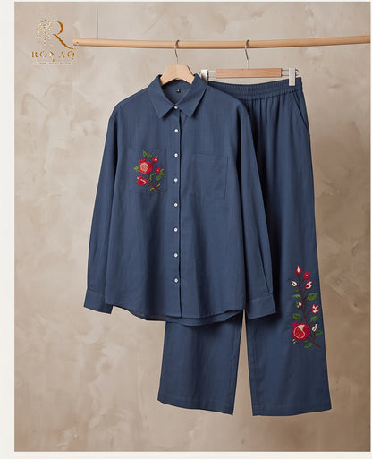 Blue Floral Embroidered Two-Piece Set