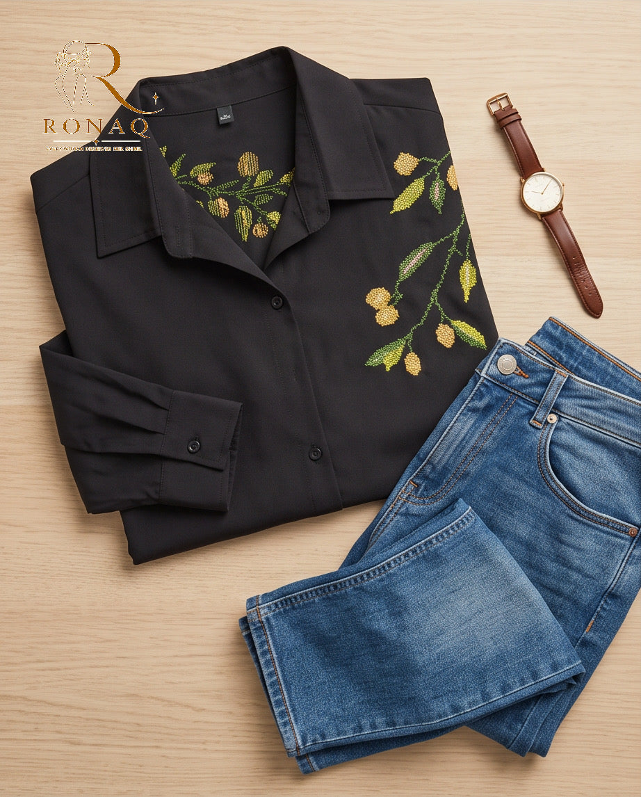 Black Floral Embroidered Shirt
