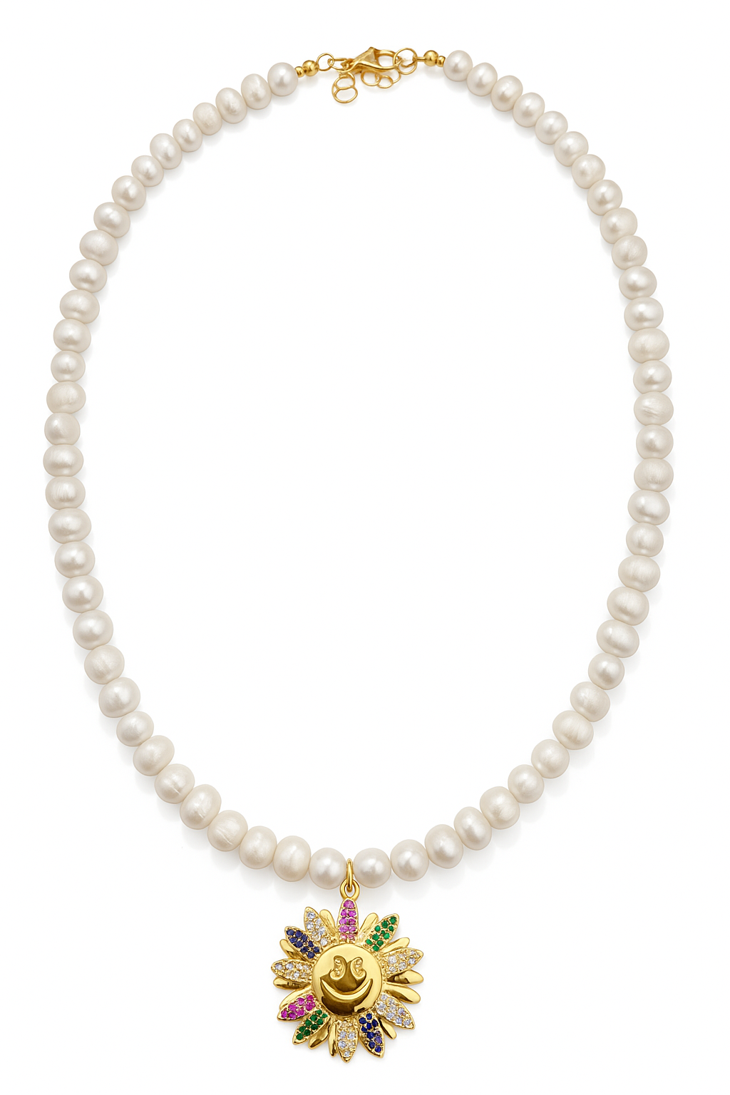 Pearl necklace with a colorful pendant on a white background