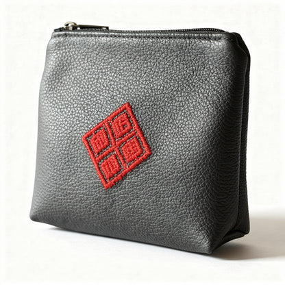 black leather pouch with a red logo on a white background