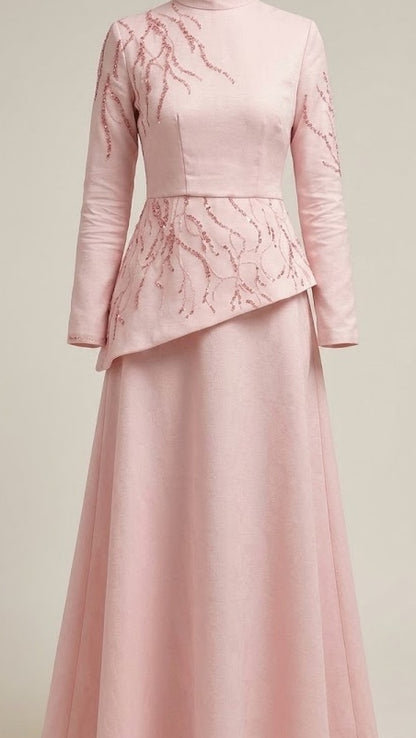 Soft Pink High-Neck Evening Dress