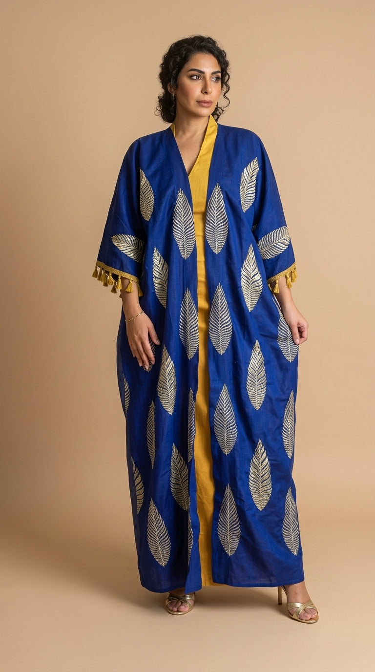 Cobalt Blue Feather Embroidered Abaya