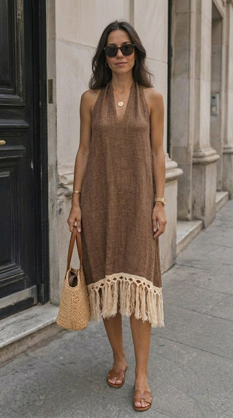Fringe Trim Knit Halter Dress