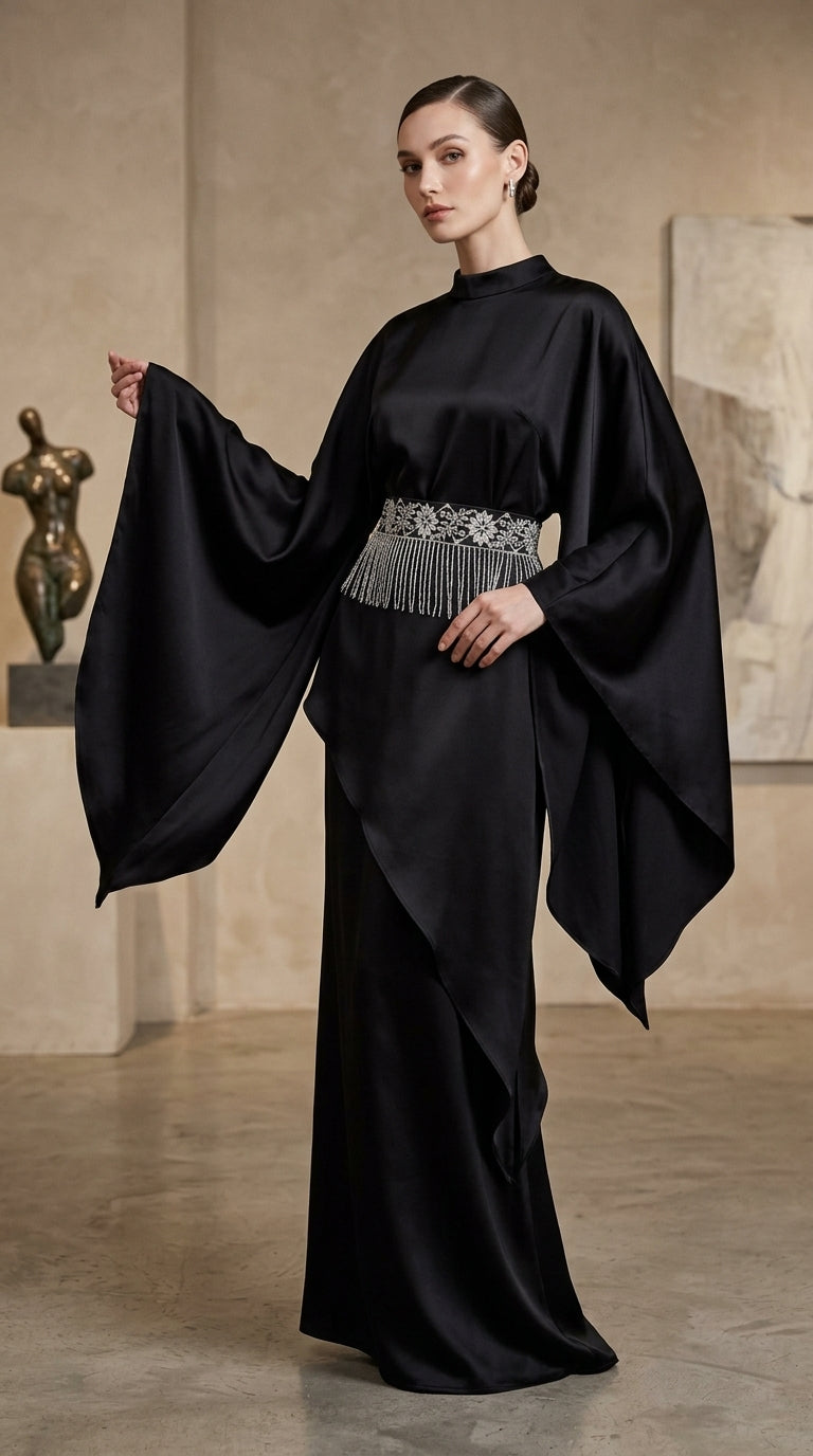 Black Draped Kimono-Sleeve Evening Dress