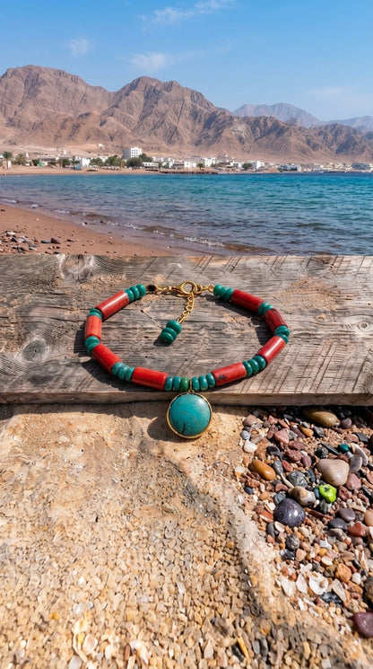 Red Coral, Malachite & Turquoise Charm Bracelet – Murjan Collection