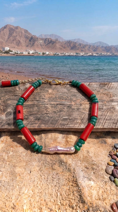 Red Coral, Malachite & Baroque Pearl Bracelet – Murjan Collection