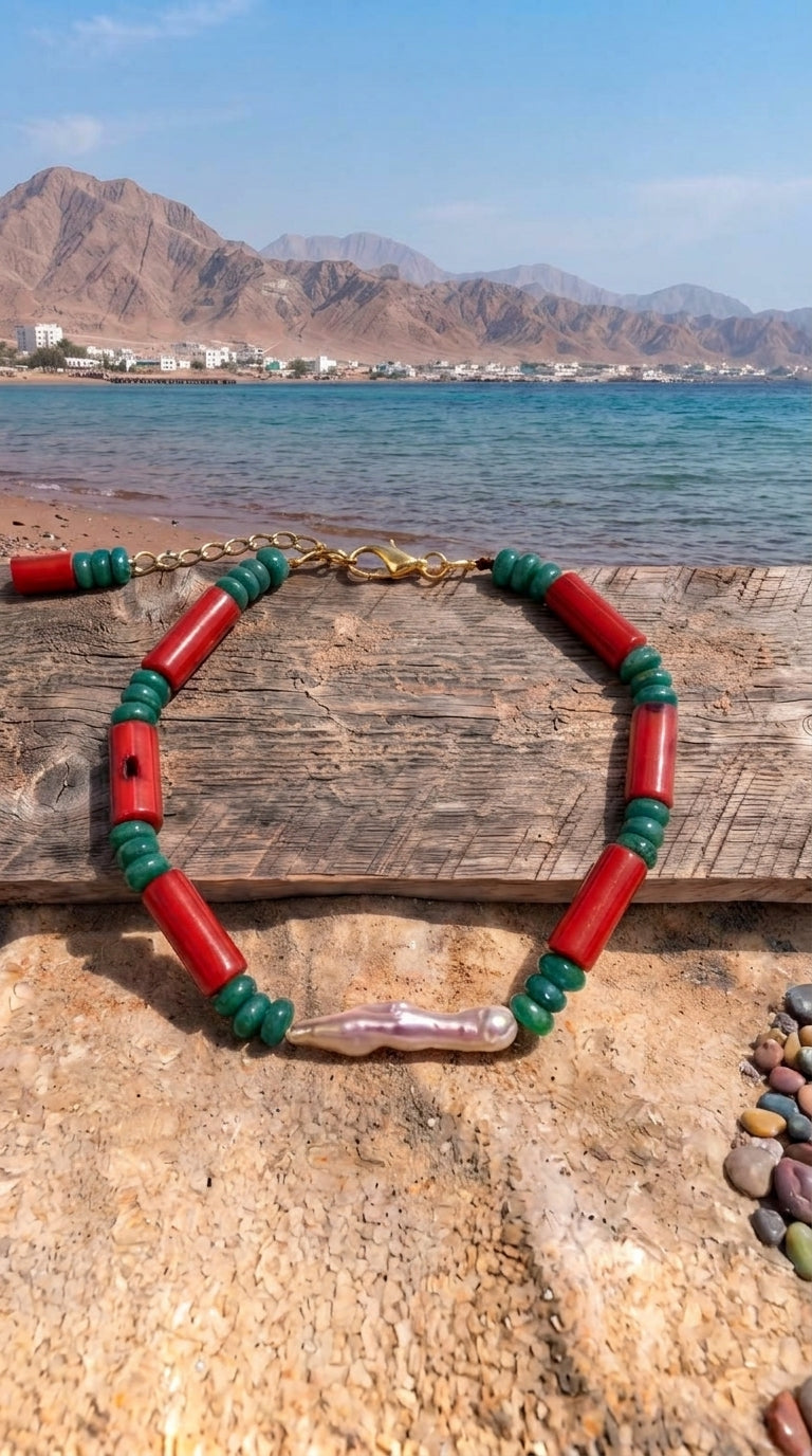 Red Coral, Malachite & Baroque Pearl Bracelet – Murjan Collection