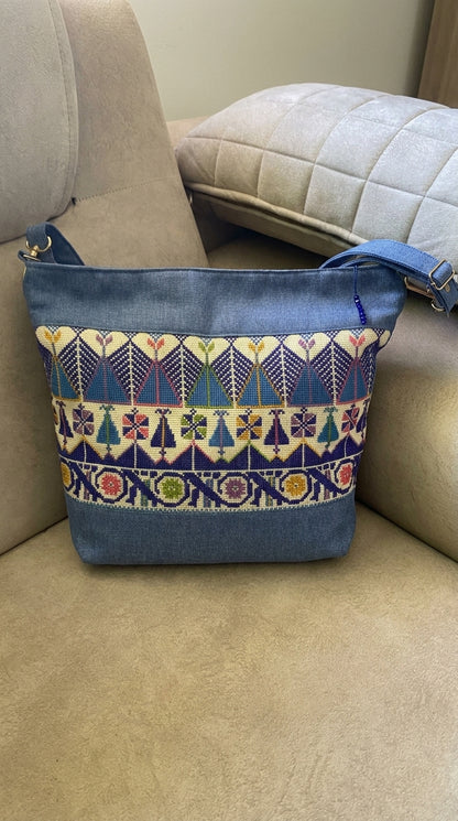 Indigo Denim Hand-Embroidered Crossbody Bag