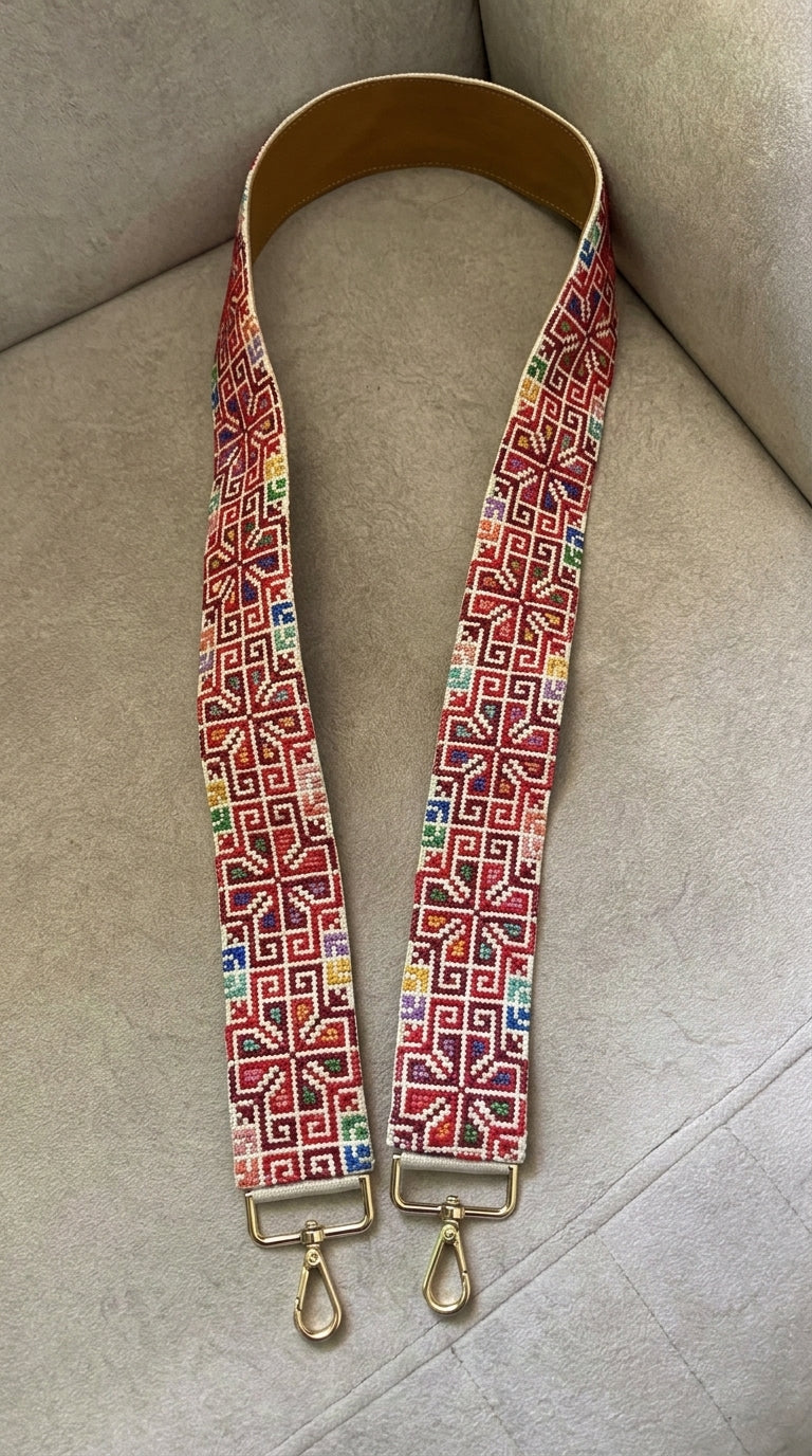 White Red Geometric Hand-Embroidered Bag Strap