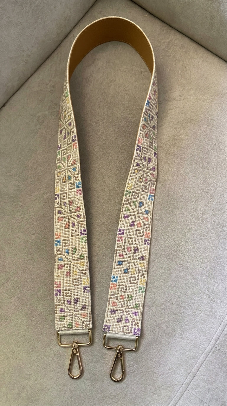 Beige Multicolor Hand-Embroidered Bag Strap